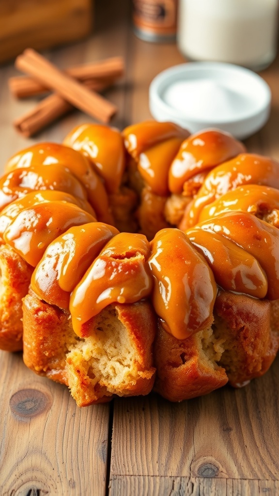 A golden-brown monkey bread on a wooden table, showcasing its pull-apart texture with a buttery cinnamon glaze.
